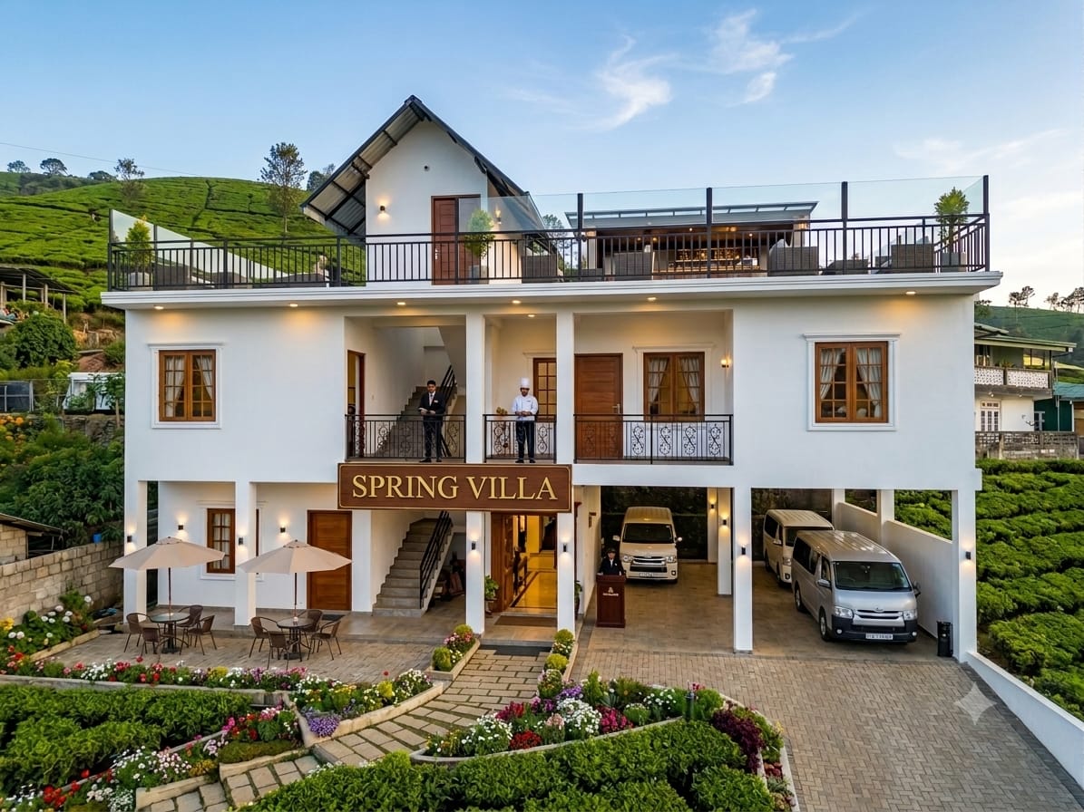 Spring Mist Villa's white two-storey building set among the tea estates, Nuwara Eliya